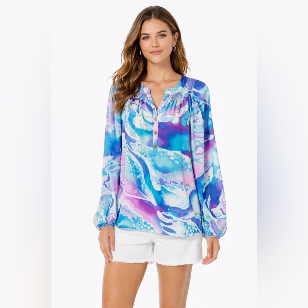 Lilly Pulitzer 100% Silk Blue & Purple Abstract Print Blouse – Size L NWOT